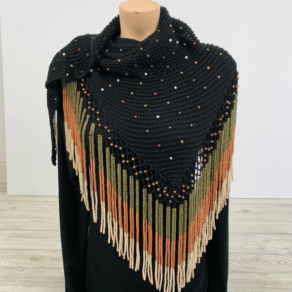 Vintage Crocheted Scarf/Wrap with Beaded Fringe (HG)